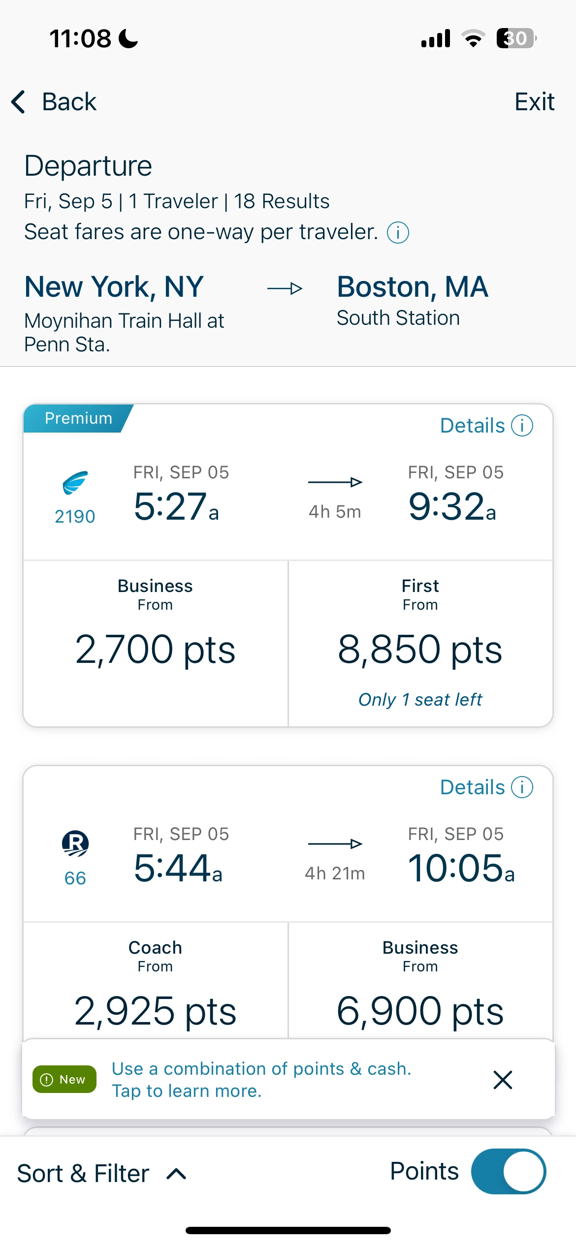 Amtrak ride from New York City to Boston in points.