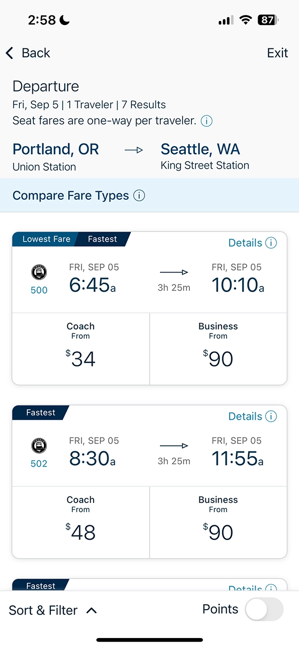 Amtrak vs Flying. An Amtrak ride from Portland to Seattle.
