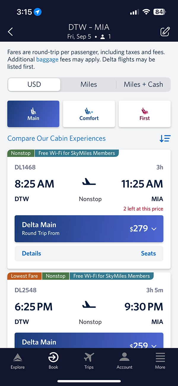 Amtrak Vs Flying. A Delta flight from Detroit to Miami.