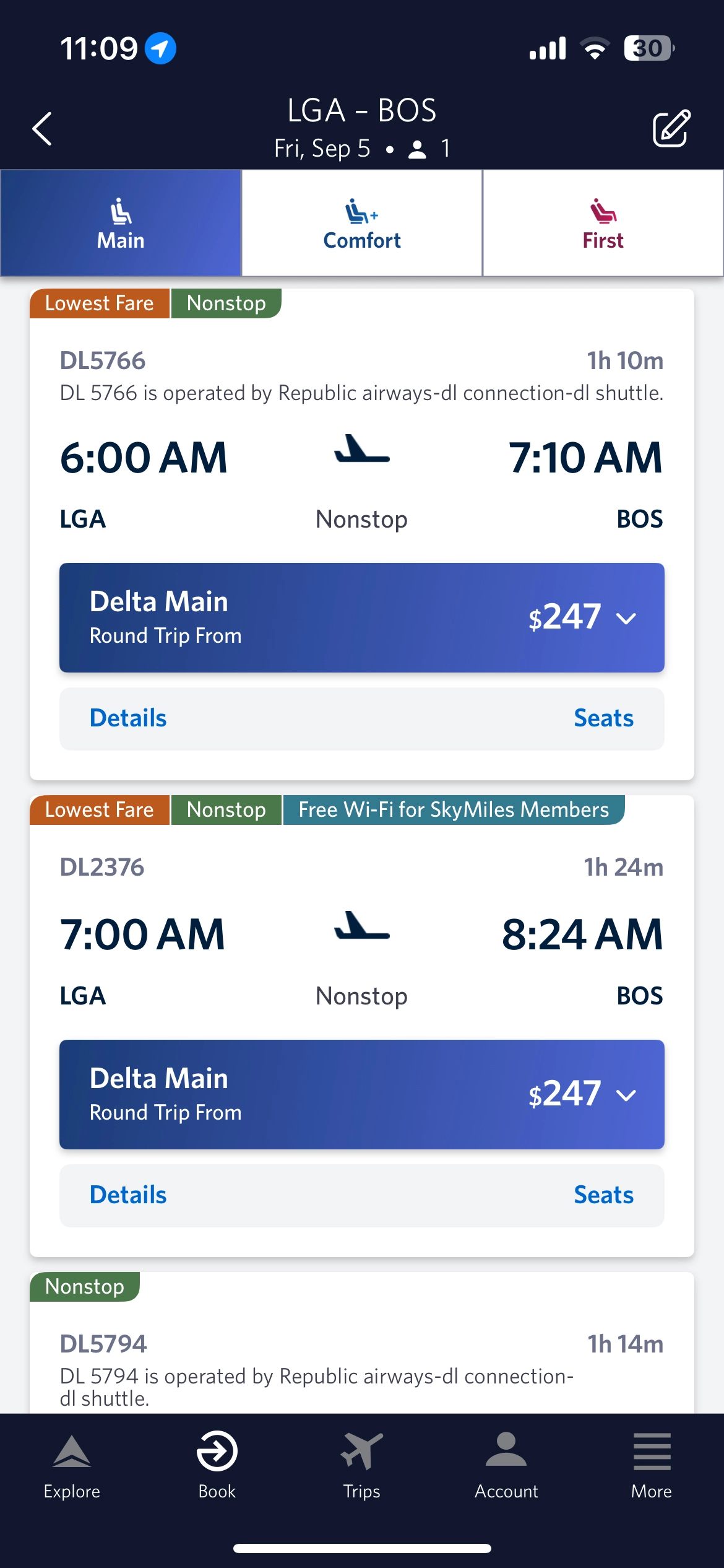 Delta flight from LaGuardia in New York City to Boston in dollars.