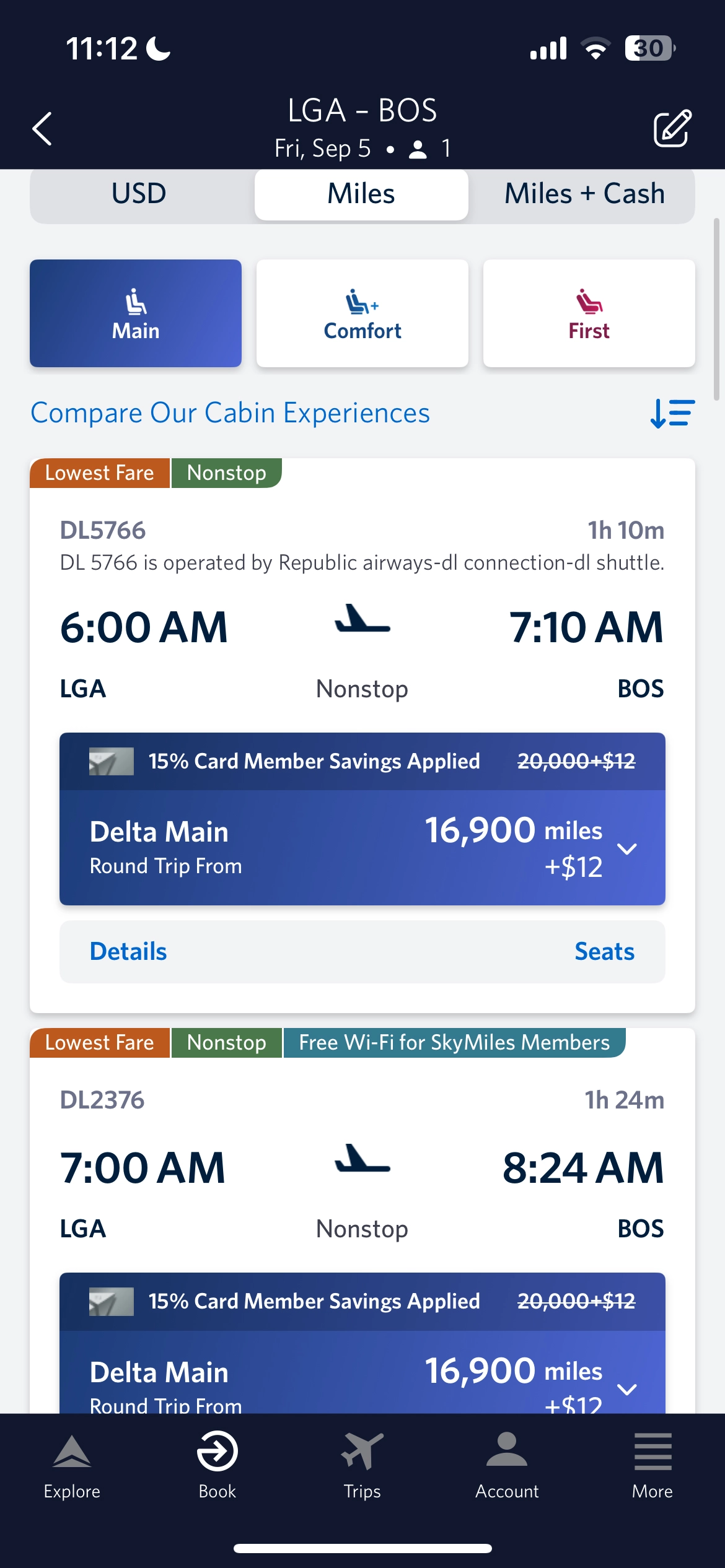 Delta flight from LaGuardia in New York City to Boston in points.