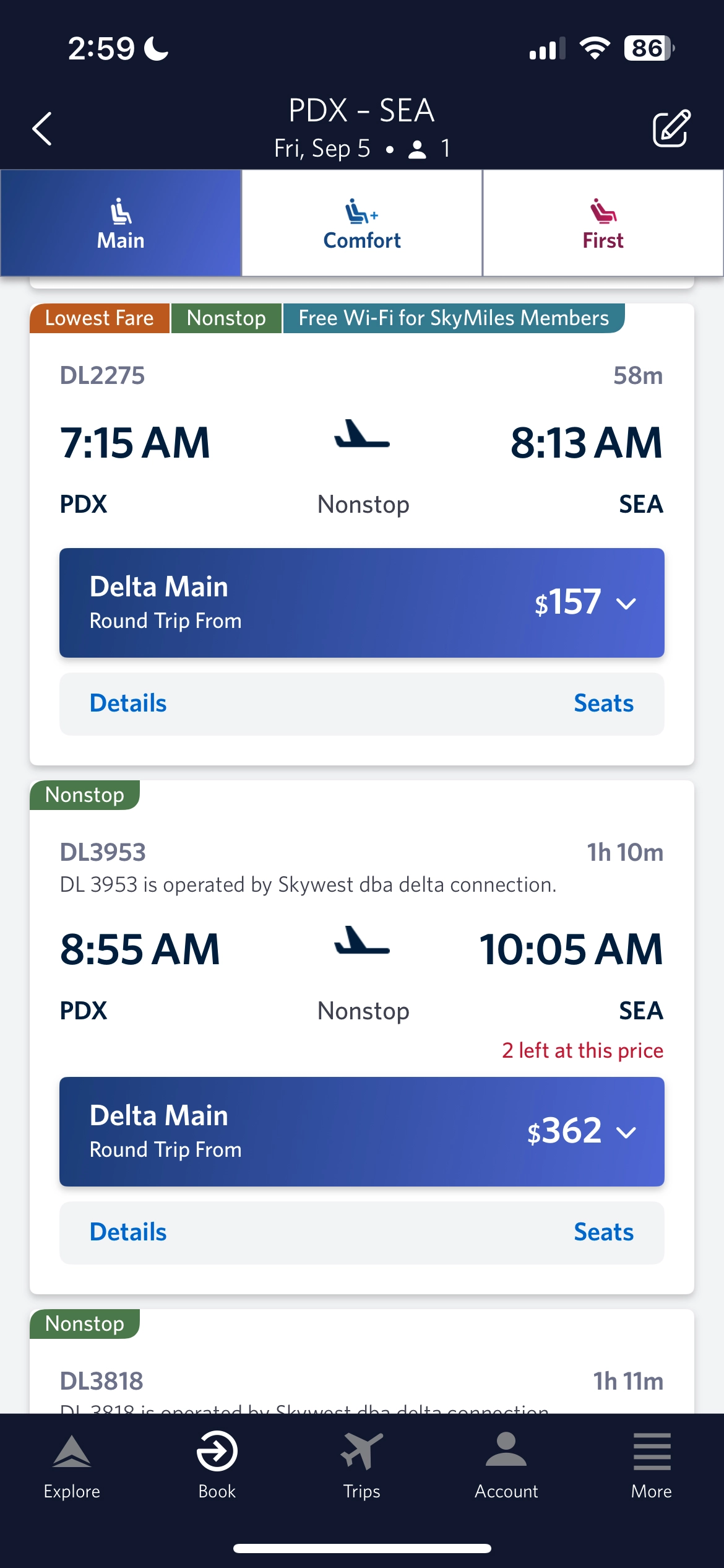 Amtrak vs Flying. Delta flight from Portland to Seattle.