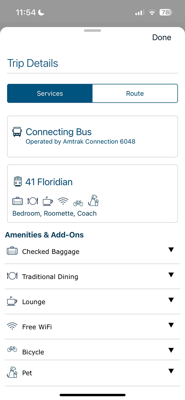 Trip details for a mixed service Amtrak route from Detroit to Cleveland.
