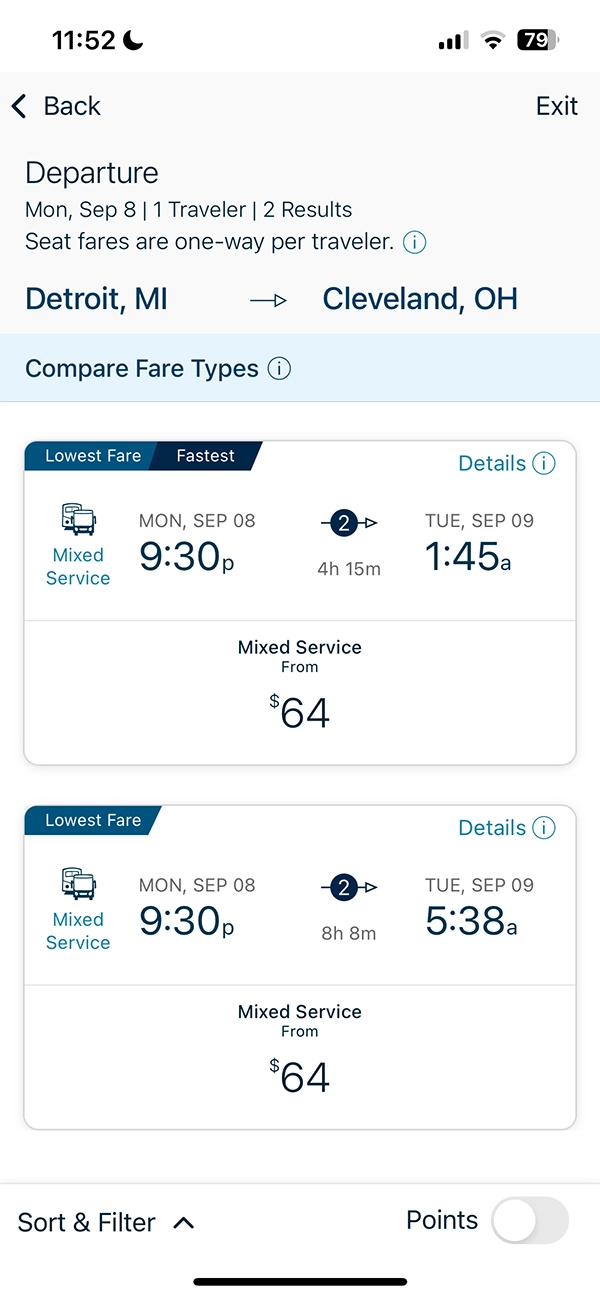 What does segment mean on Amtrak? An Amtrak ride from Detroit to Cleveland showing mixed service as two segments.