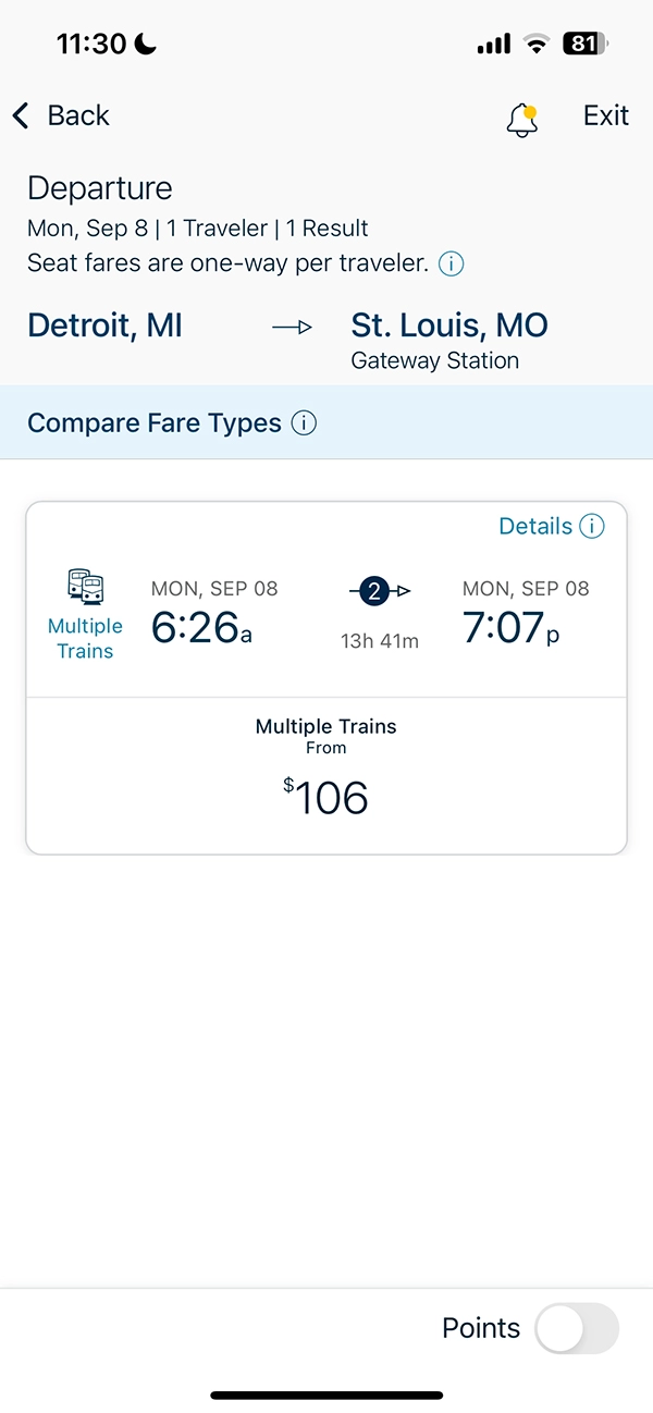 What does segment mean on Amtrak? An Amtrak ride from Detroit to St. Louis showing multiple buses as two segments.