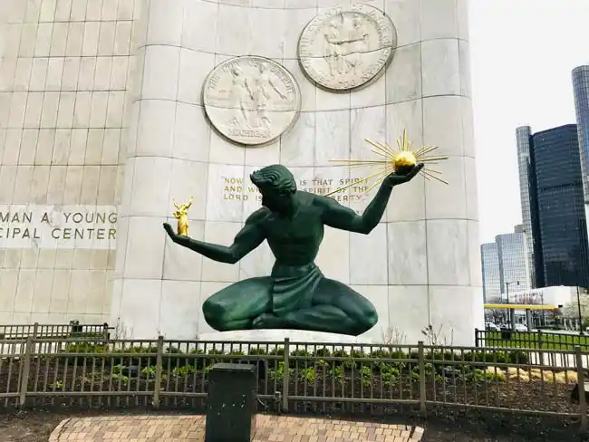 Picture of the Spirit of Detroit statue in downtown Detroit.